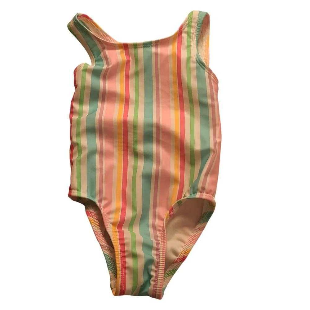 Cat & Jack Toddler Girls 18M Striped One Piece Swimsuit UPF 50+ Pink Teal NWT